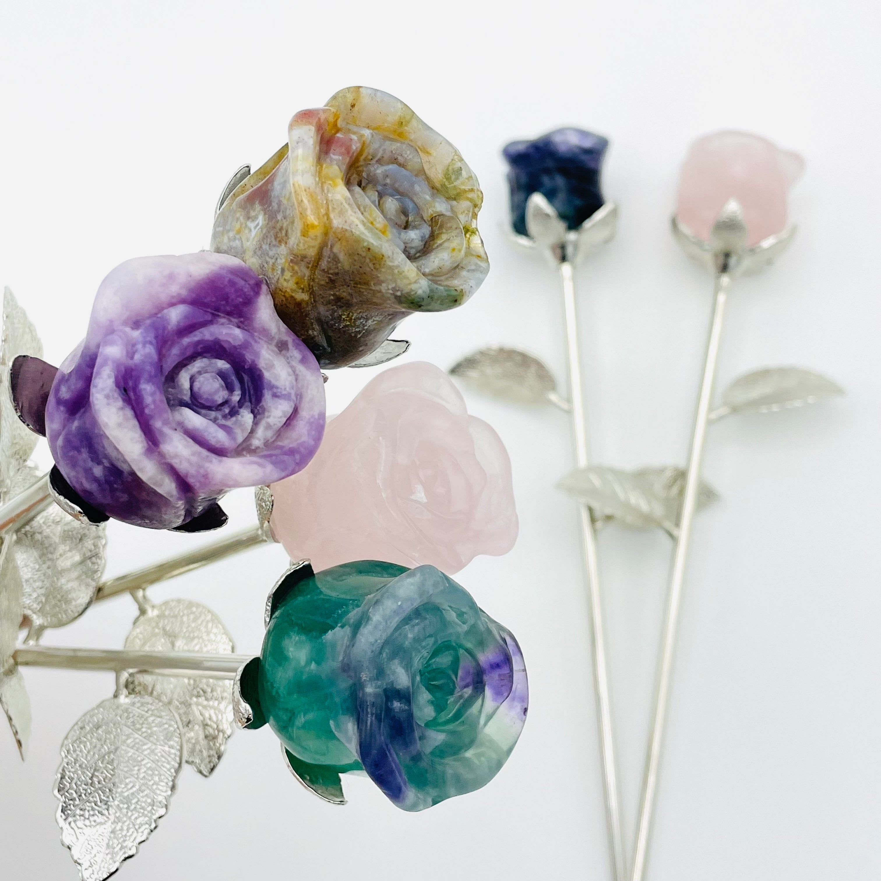 Crystal Rose Carved Stone with Metal Stem (Gemstone Rose Gift, Gold or Silver)from $24.00 product photo from Rock Paradise