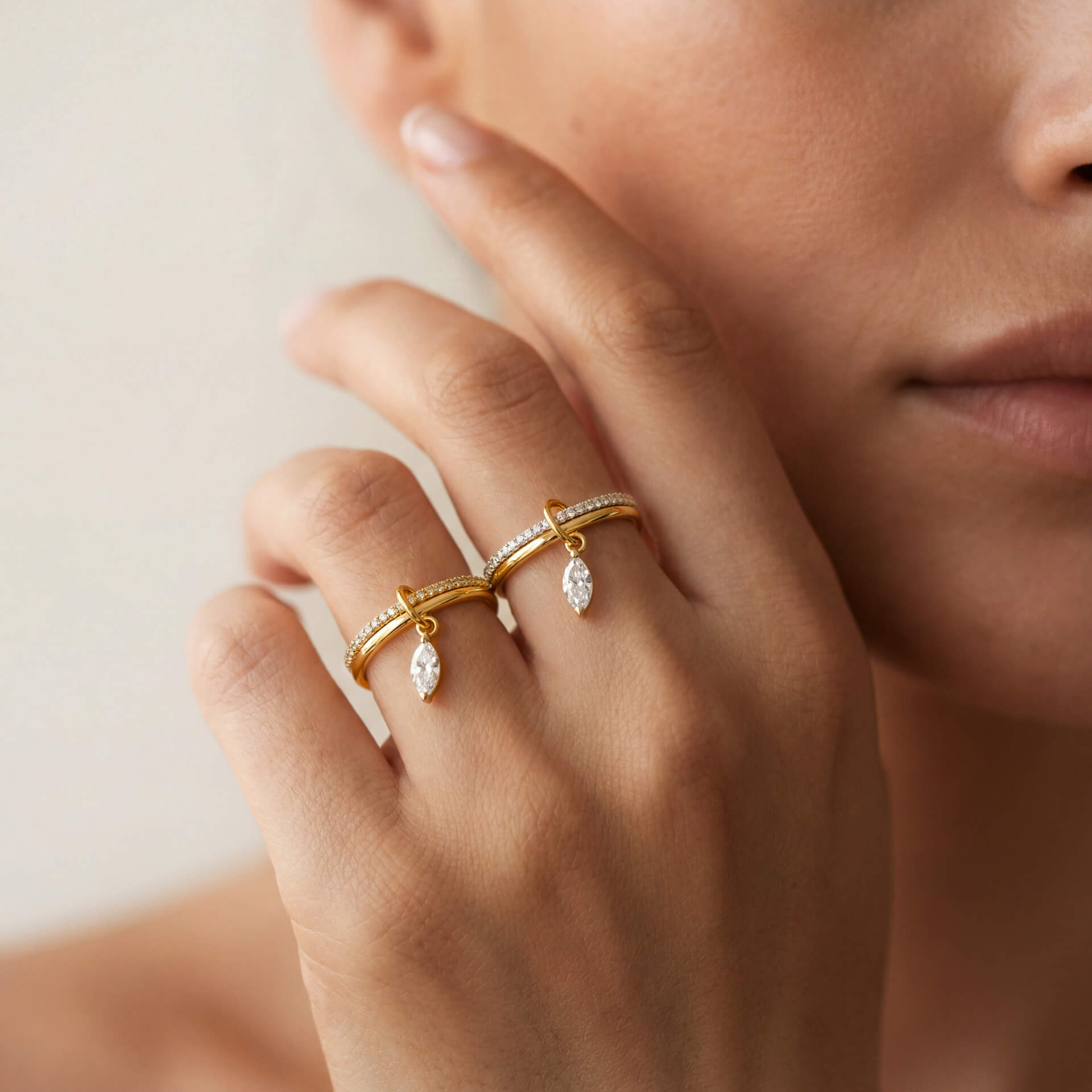 The Two-Tone Dangle Marquise ring product photo from Aruary